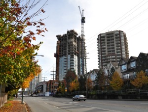 Tower construction in Burnaby below Burquitlam Station, October 2016